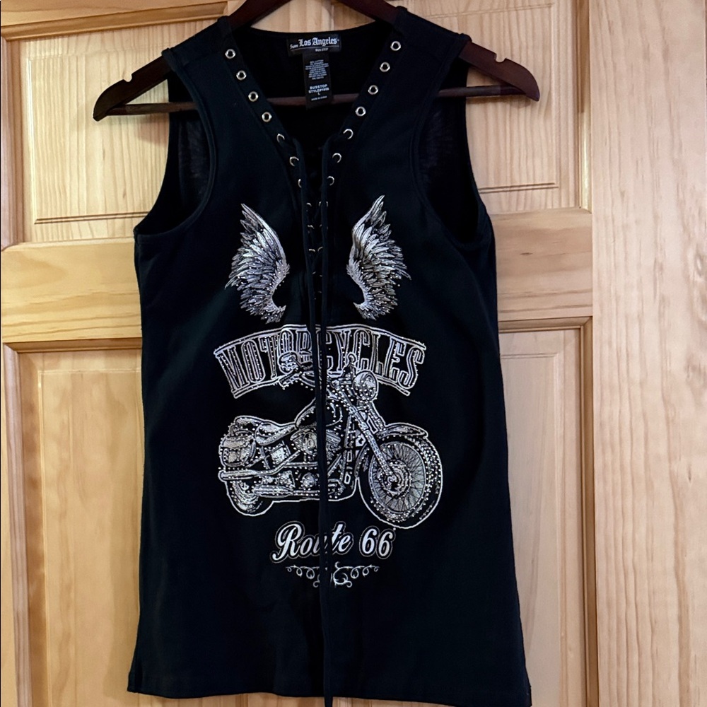 Route 66 Black Tee with Silver Motorcycle Design